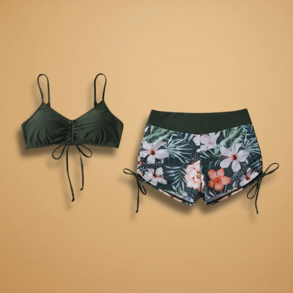Women's Bikini Set with Tie-Front Top and High-Waisted Shorts — Skylar Tropical Floral