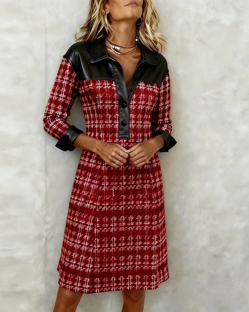 Freya | Chic Tweed A - Line Shirt Dress With Leather Trim - Red - 5