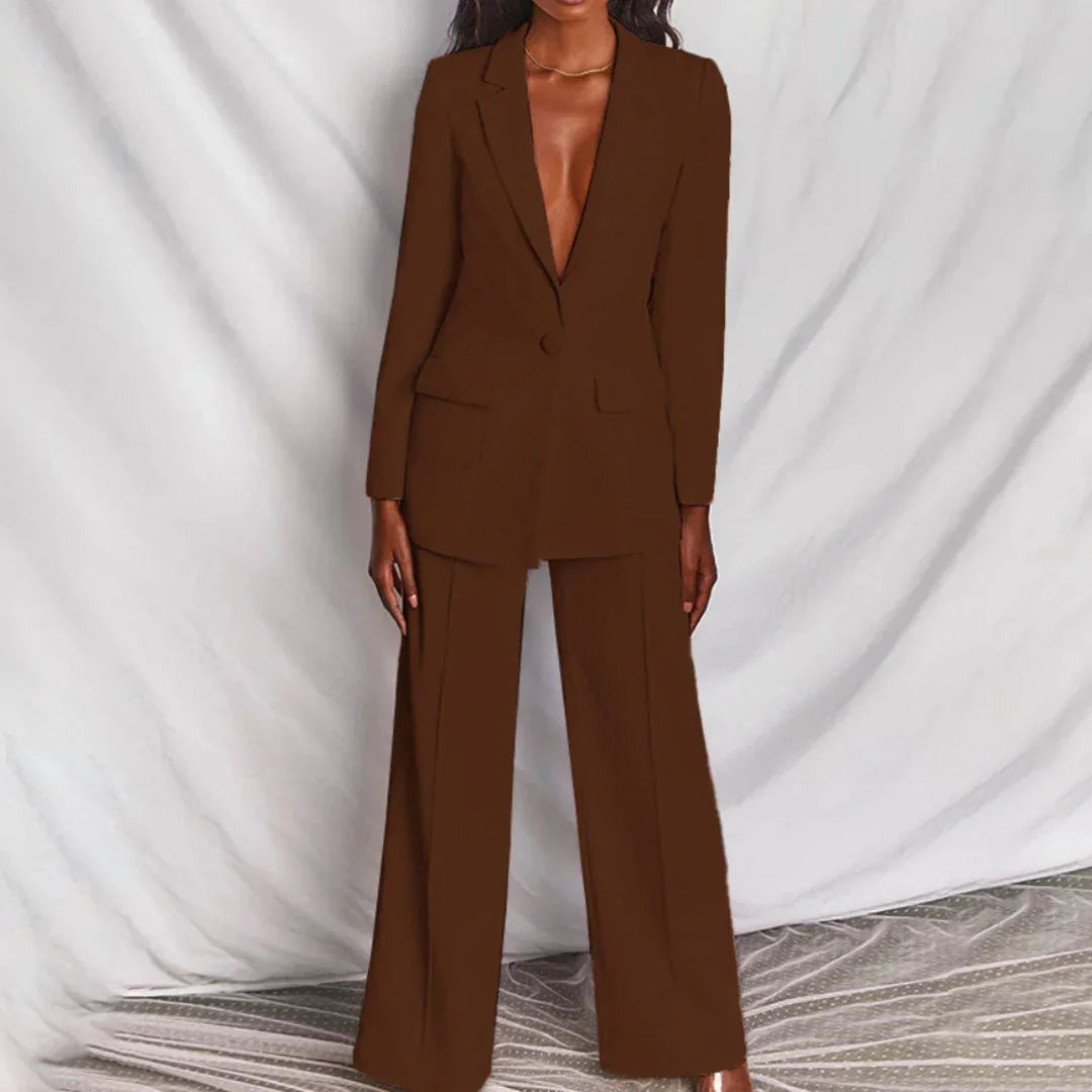Brown Women's Two Piece Blazer Suit with Pants — Delia Wide-Leg Tailored - Front Standing