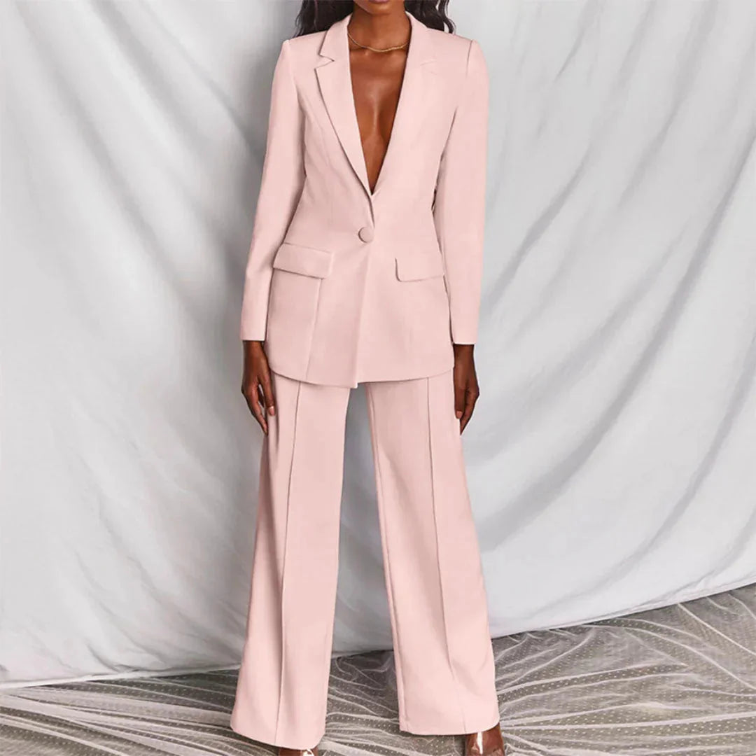 Pink Women's Two Piece Blazer Suit with Pants — Delia Wide-Leg Tailored - Front Pose