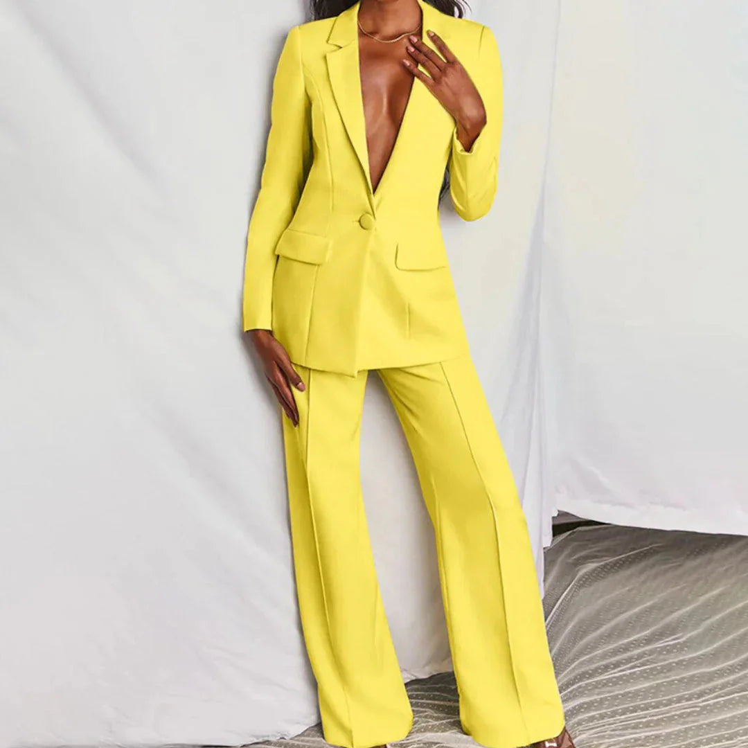 Yellow Women's Two Piece Blazer Suit with Pants — Delia Wide-Leg Tailored - Front Full