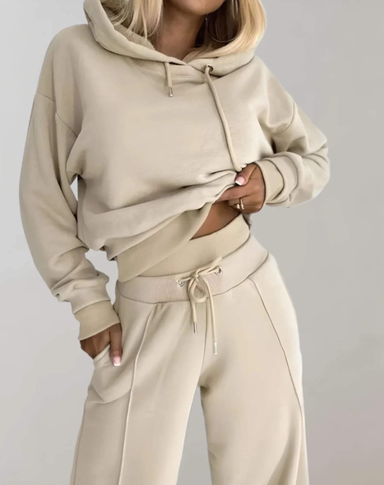 Beige Women's Two-Piece Casual Fit Tracksuit — Erin Hoodie Wide-Leg - Lifestyle Pose
