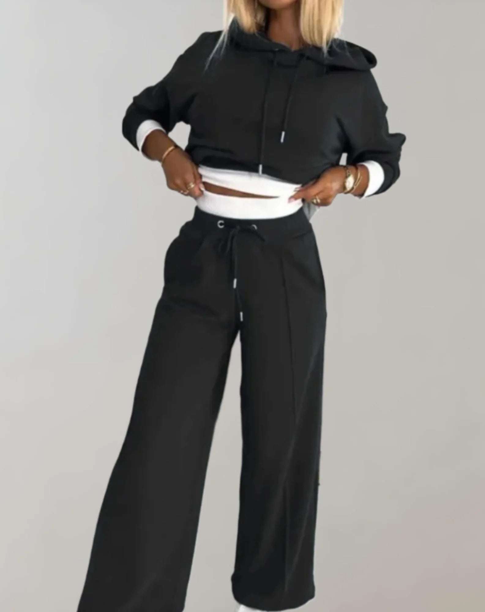 Black Women's Two-Piece Casual Fit Tracksuit — Erin Hoodie Wide-Leg - Front Full