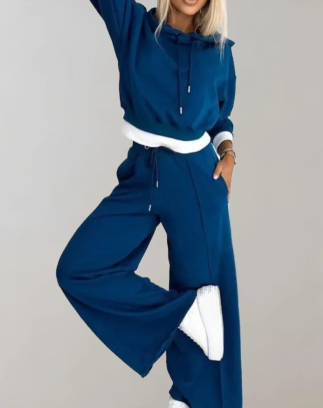 Blue Women's Two-Piece Casual Fit Tracksuit — Erin Hoodie Wide-Leg - Side Pose