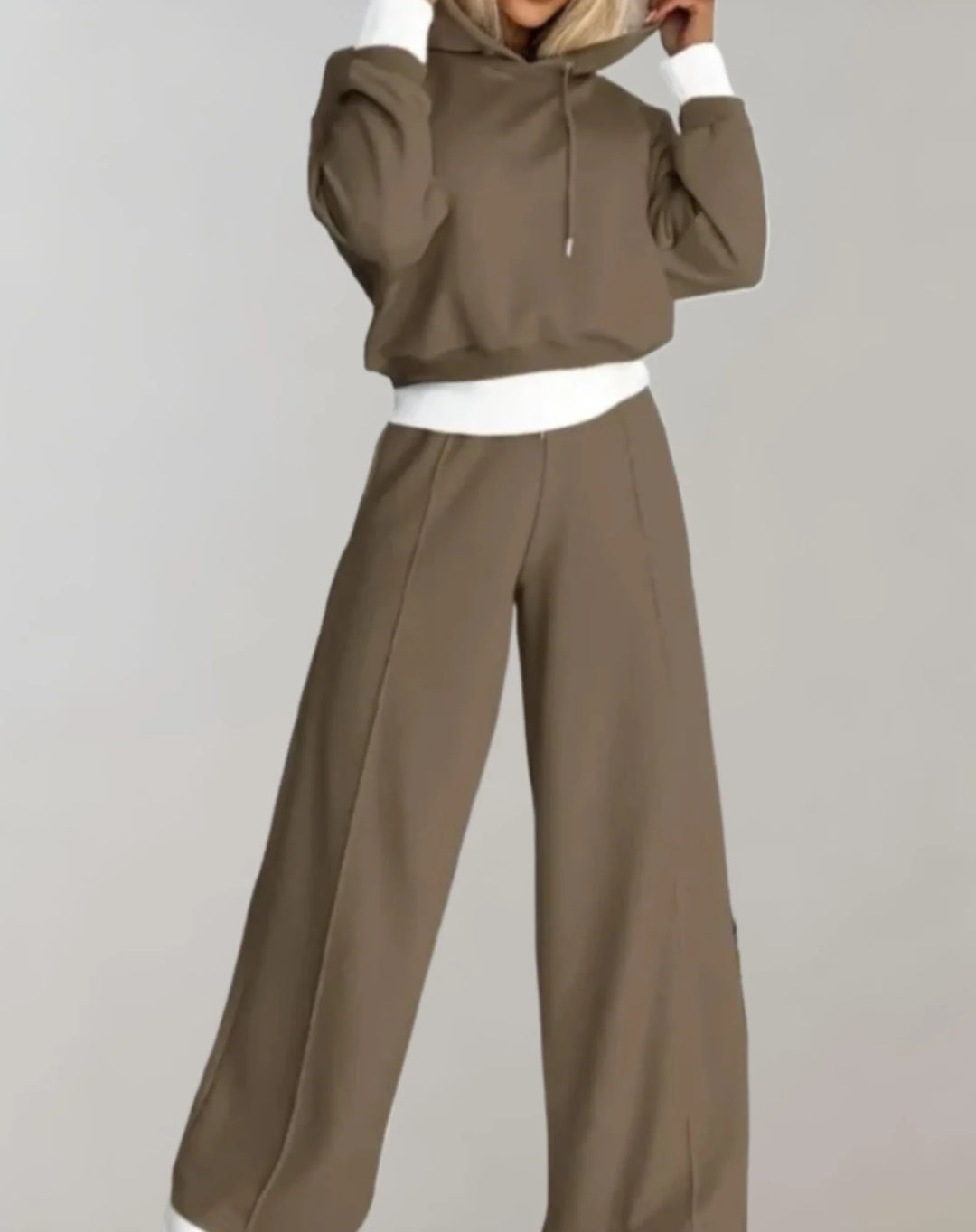 Brown Women's Two-Piece Casual Fit Tracksuit — Erin Hoodie Wide-Leg - Front Detail