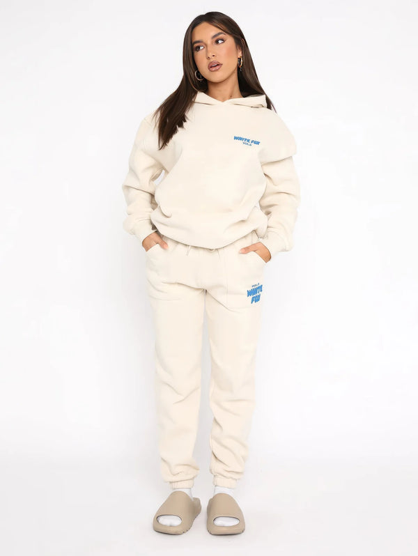 Beige Women's Two-Piece Hoodie & Pants Tracksuit — Reagan Oversized Loungewear - Front Full