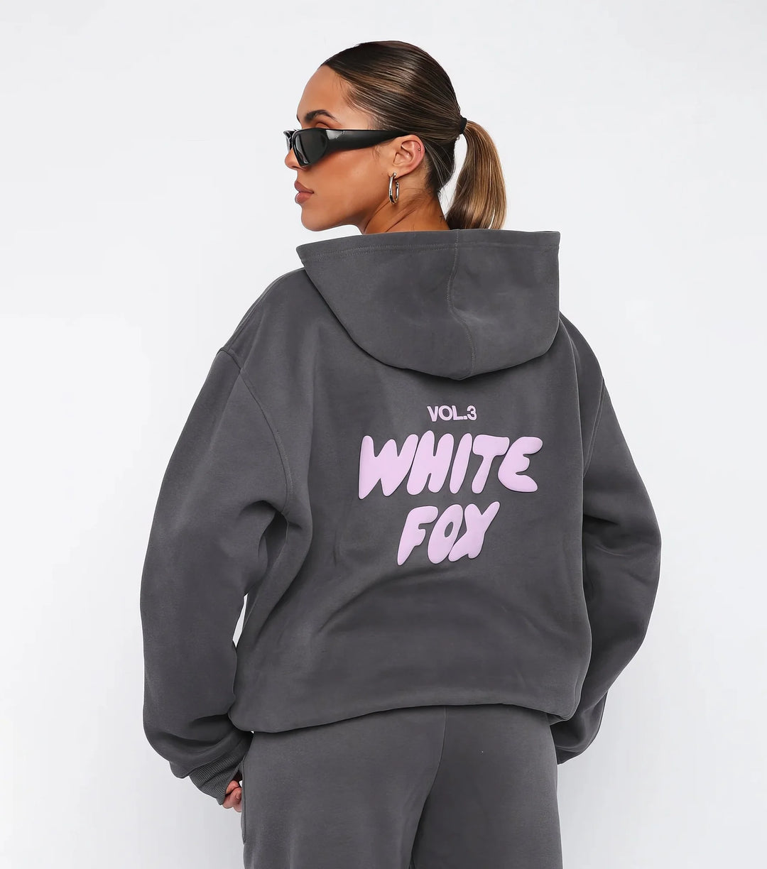 Dark Grey Women's Two-Piece Hoodie & Pants Tracksuit — Reagan Oversized Loungewear - Back Text
