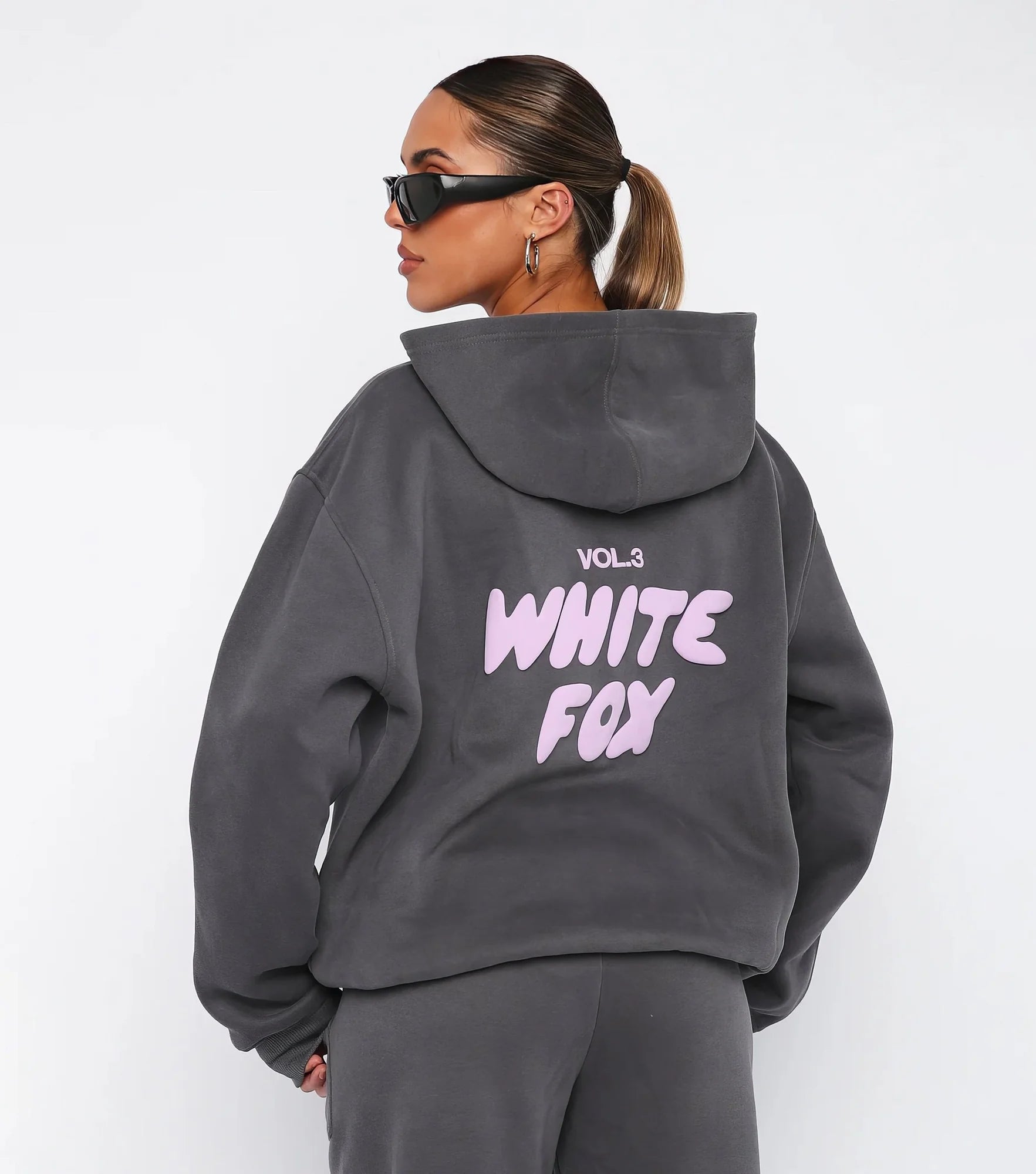 Dark Grey Women's Two-Piece Hoodie & Pants Tracksuit — Reagan Oversized Loungewear - Back Text