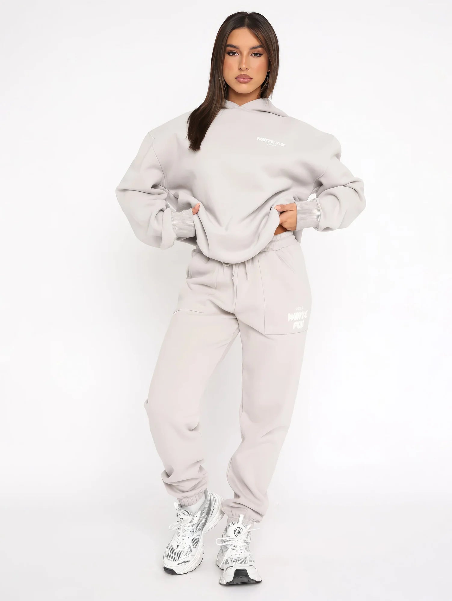 Grey Women's Two-Piece Hoodie & Pants Tracksuit — Reagan Oversized Loungewear - Casual Pose