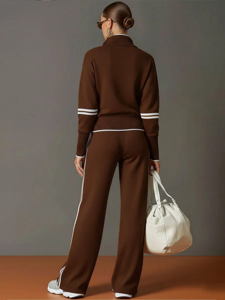 Brown Women's Two Piece Set Wide Leg Pants and Blouse — Philippa Half-Zip Striped - Back Full
