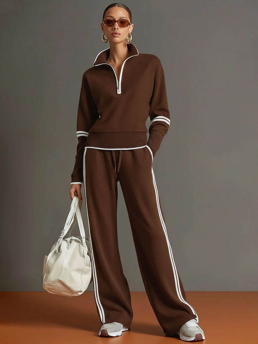 Brown Women's Two Piece Set Wide Leg Pants and Blouse — Philippa Half-Zip Striped - Front Full
