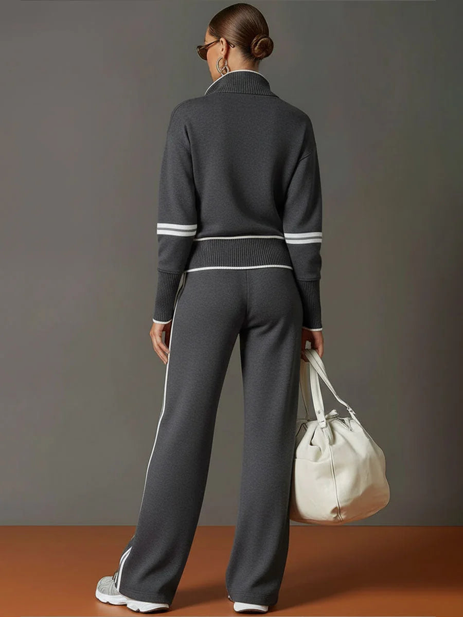 Dark Gray Women's Two Piece Set Wide Leg Pants and Blouse — Philippa Half-Zip Striped - Back Full