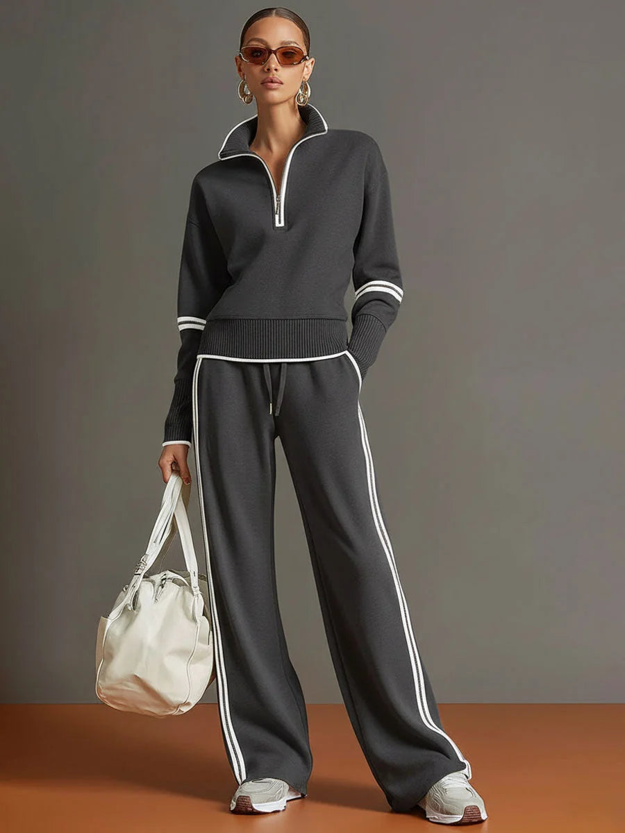 Dark Gray Women's Two Piece Set Wide Leg Pants and Blouse — Philippa Half-Zip Striped - Front Full