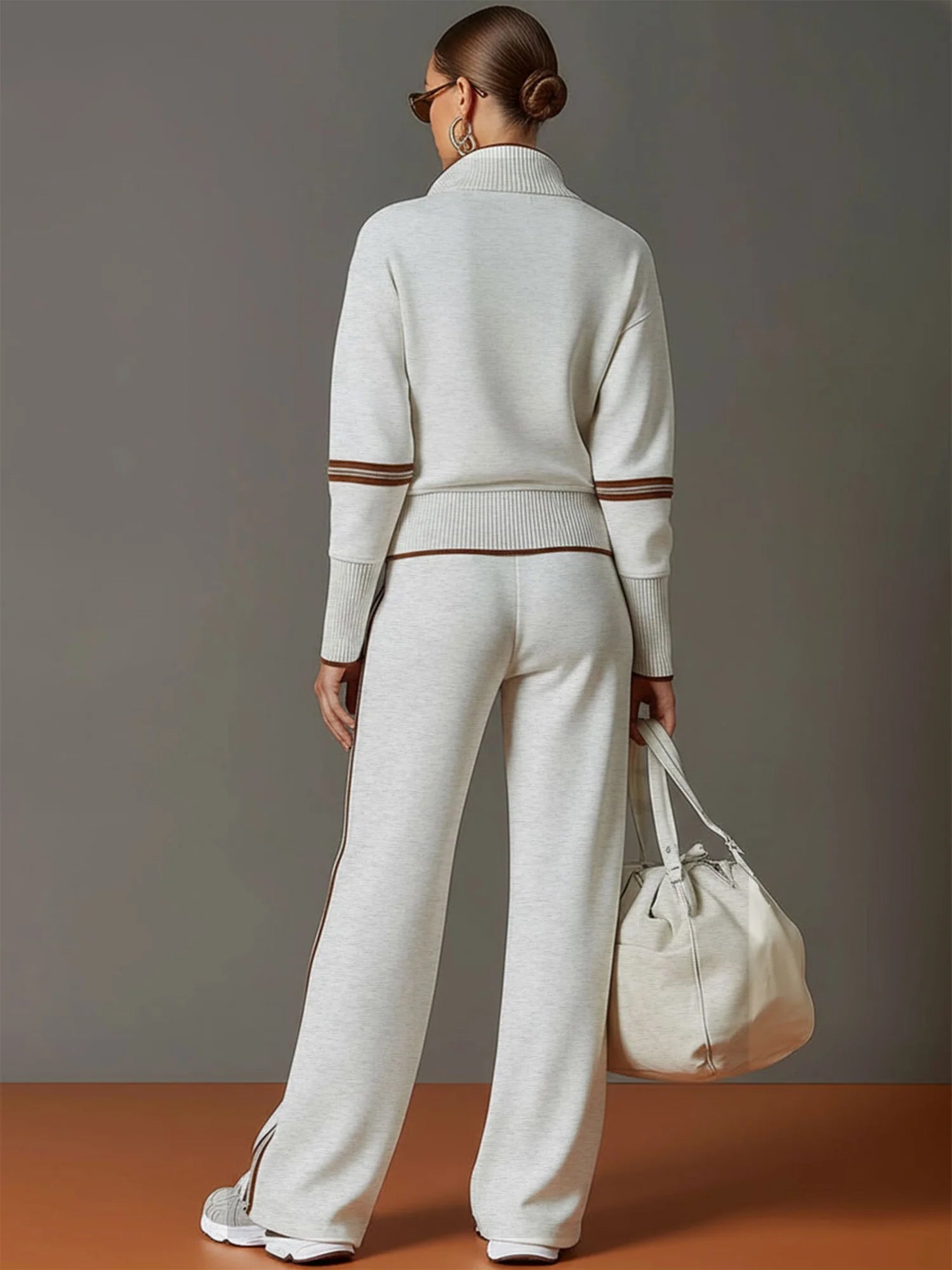 Gray Women's Two Piece Set Wide Leg Pants and Blouse — Philippa Half-Zip Striped - White Back Full