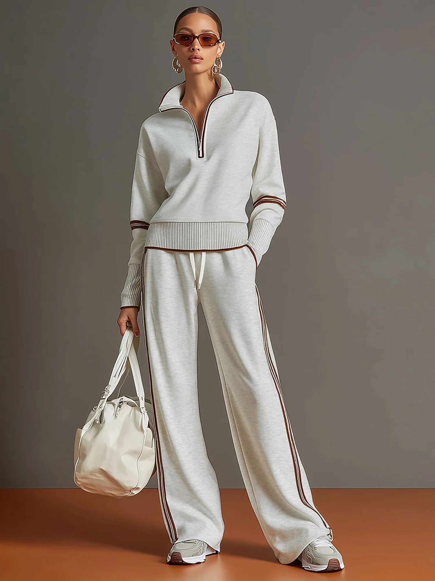 Gray Women's Two Piece Set Wide Leg Pants and Blouse — Philippa Half-Zip Striped - White Front Full Studio