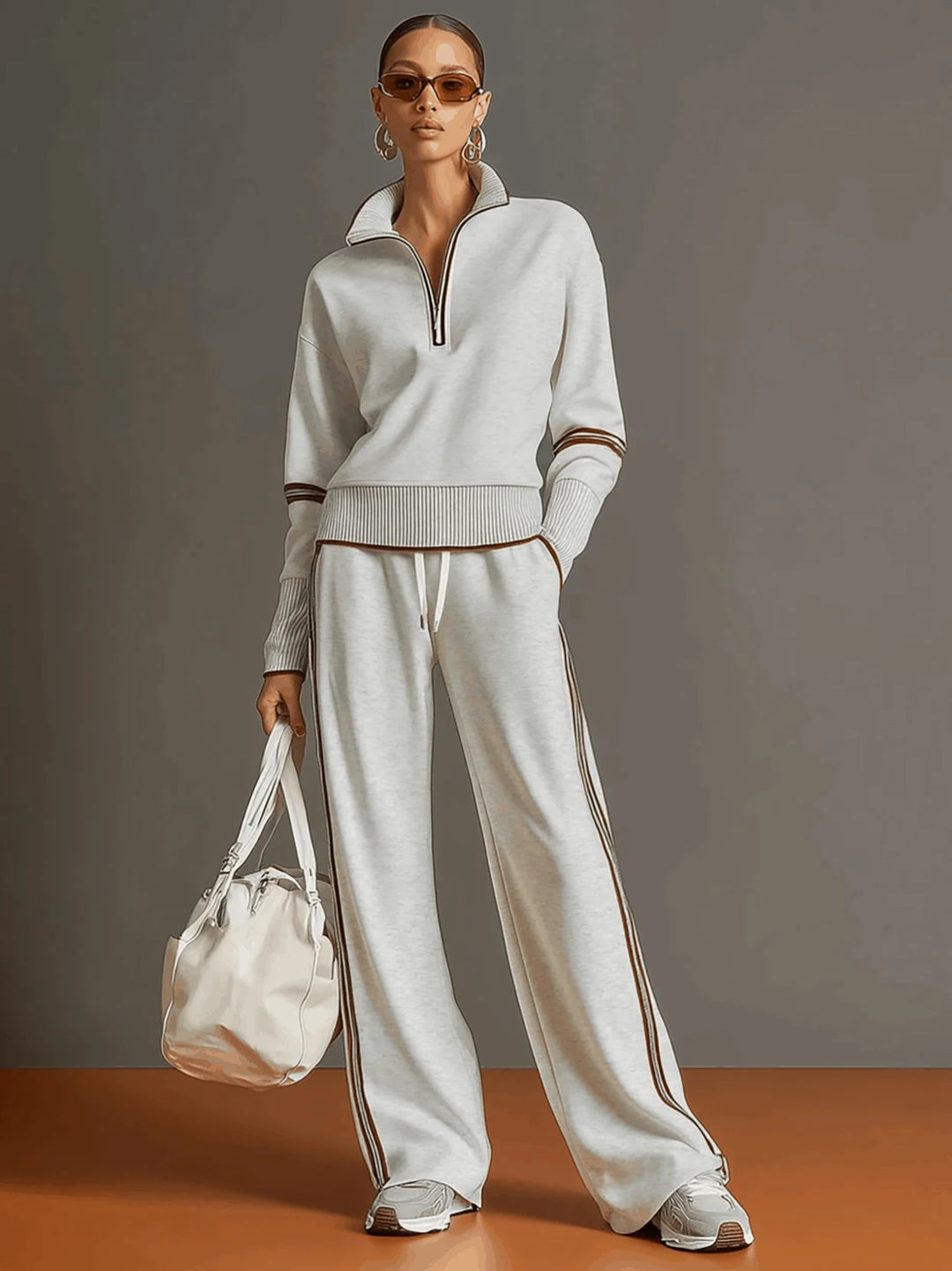 Gray Women's Two Piece Set Wide Leg Pants and Blouse — Philippa Half-Zip Striped - White Front Pose Sunglasses