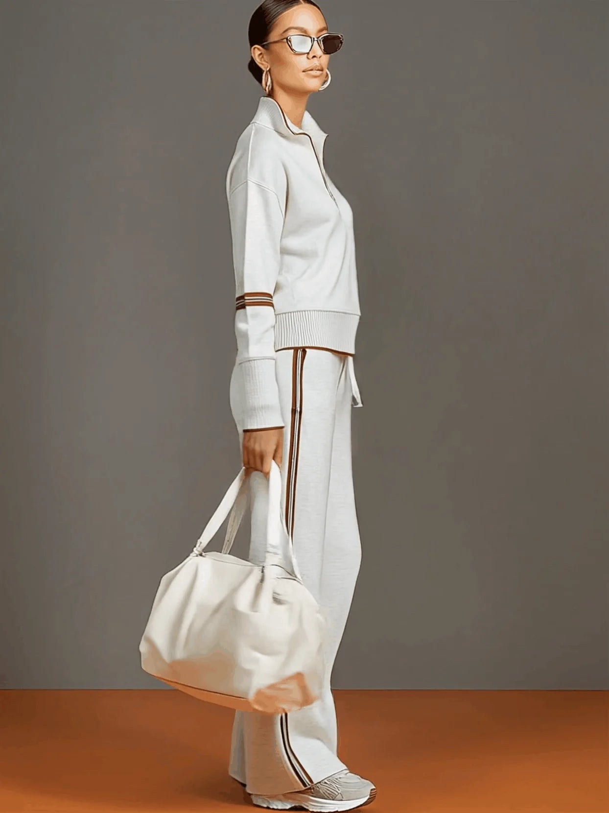 Gray Women's Two Piece Set Wide Leg Pants and Blouse — Philippa Half-Zip Striped - White Side Pose