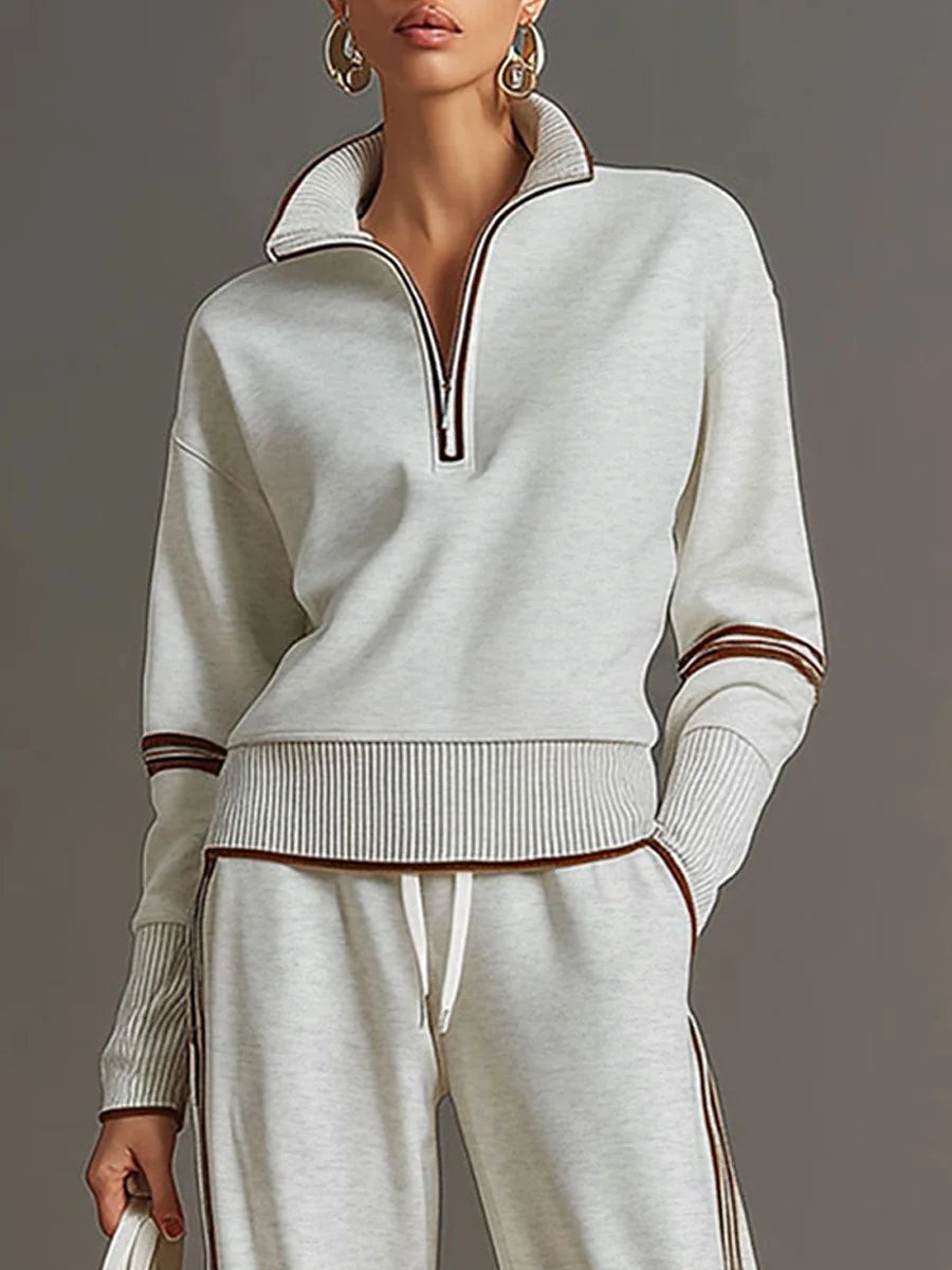Gray Women's Two Piece Set Wide Leg Pants and Blouse — Philippa Half-Zip Striped - White Top Detail