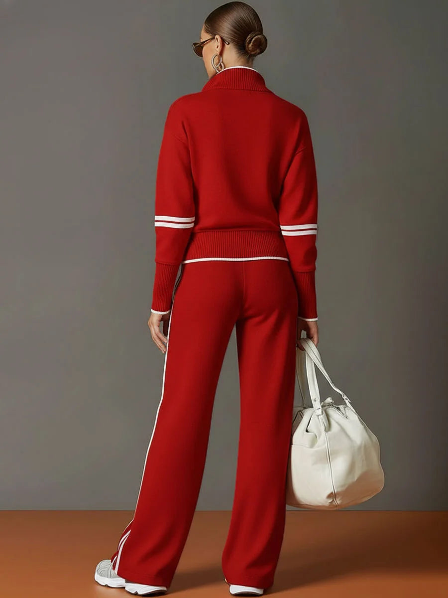 Red Women's Two Piece Set Wide Leg Pants and Blouse — Philippa Half-Zip Striped - Back Full