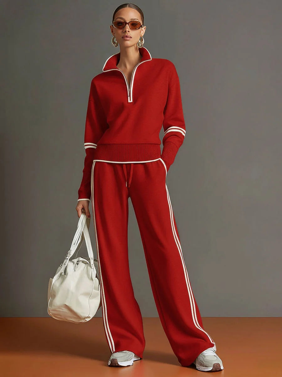 Red Women's Two Piece Set Wide Leg Pants and Blouse — Philippa Half-Zip Striped - Front Full