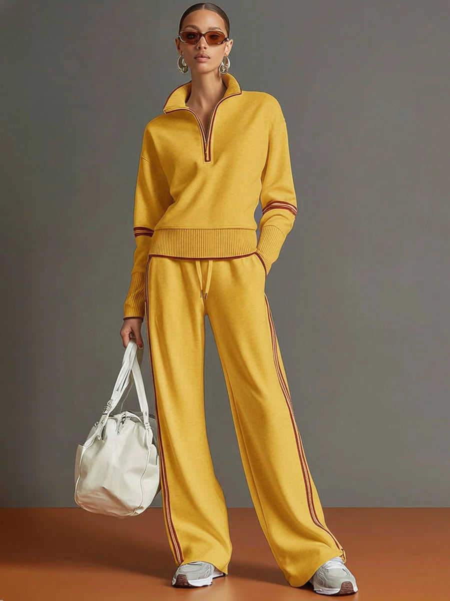 Yellow Women's Two Piece Set Wide Leg Pants and Blouse — Philippa Half-Zip Striped - Front Full