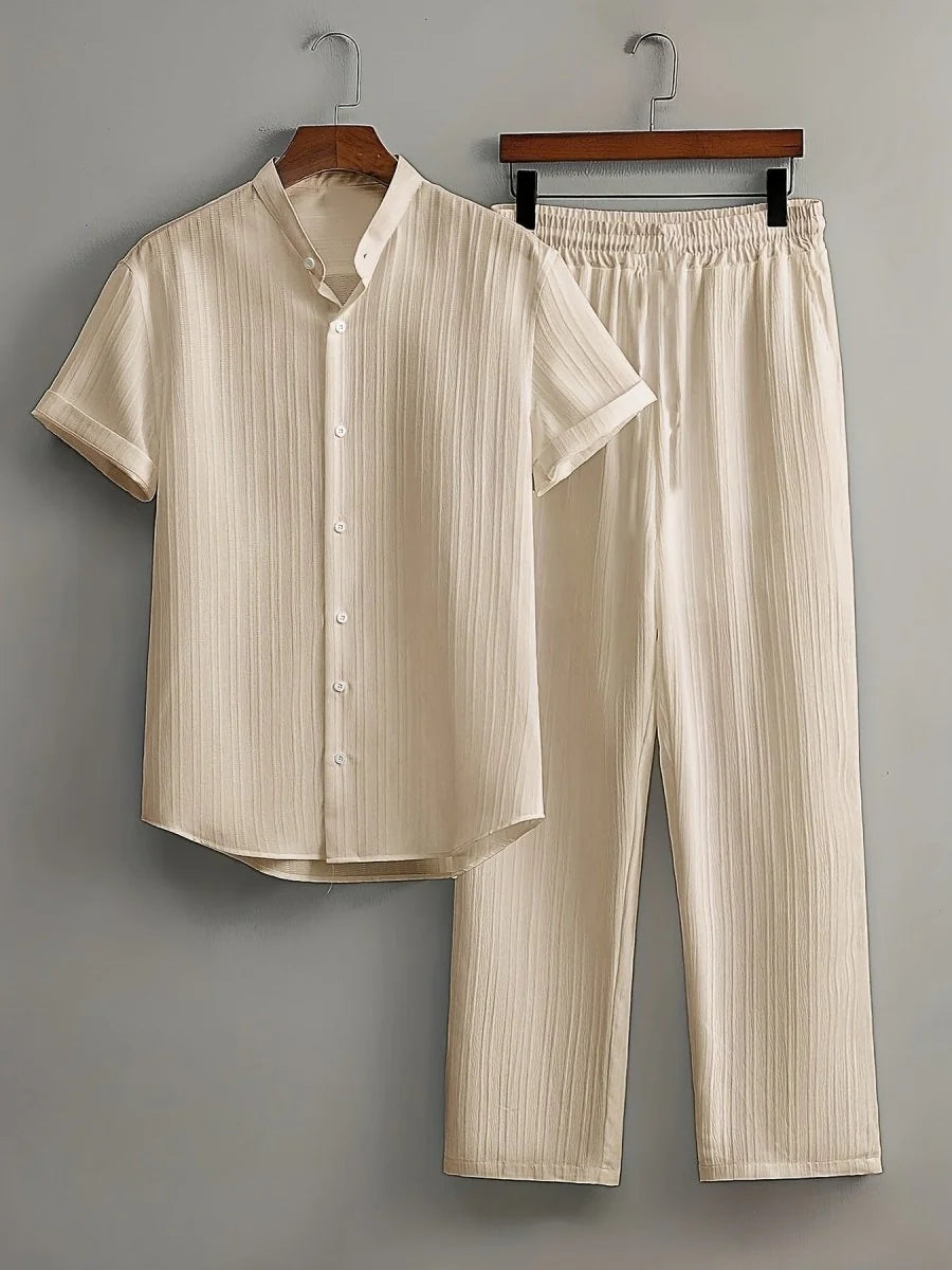 Aprikose Men's Two-Piece Summer Set — Claudia Short Sleeve Shirt & Pants - Flat Lay Detail