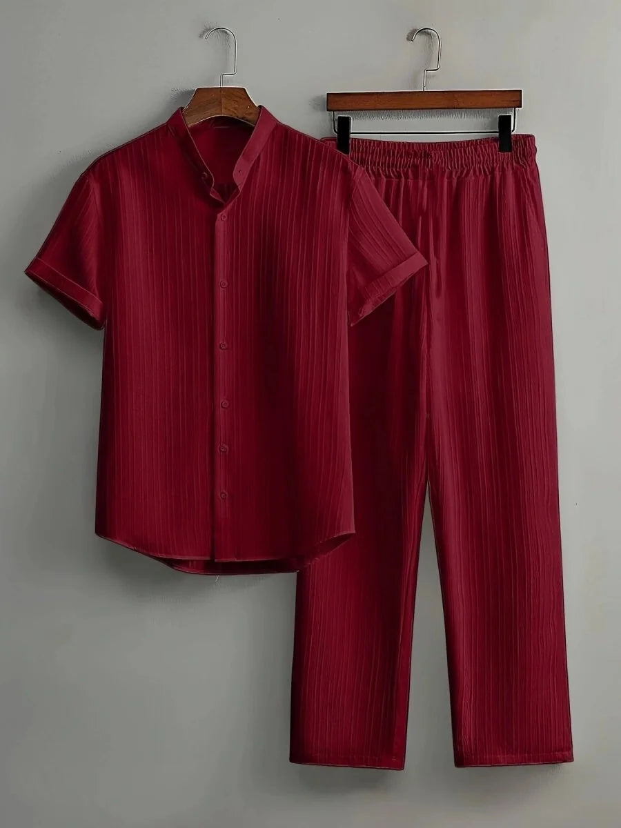 Burgundy Men's Two-Piece Summer Set — Claudia Short Sleeve Shirt & Pants - Flat Lay Studio