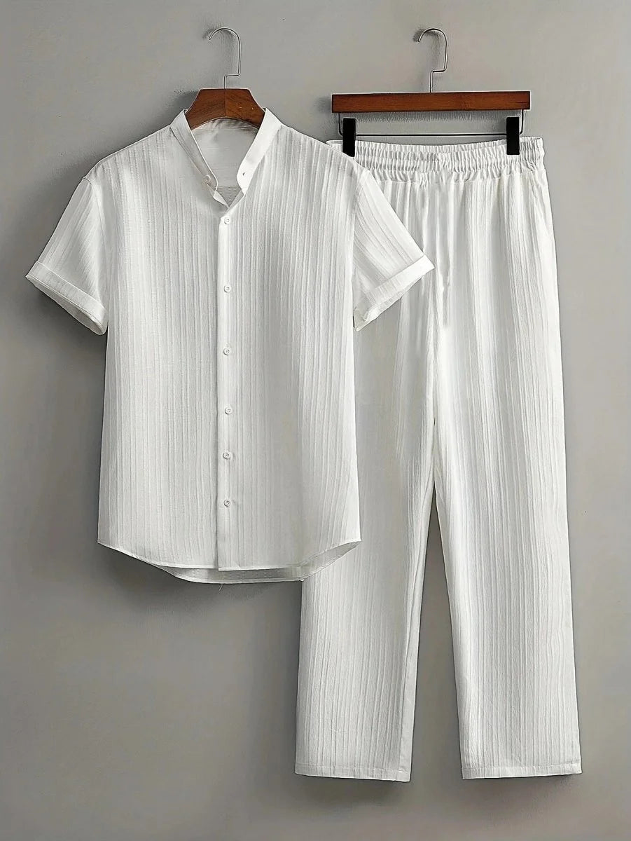 White Men's Two-Piece Summer Set — Claudia Short Sleeve Shirt & Pants - Flat Lay Hanger