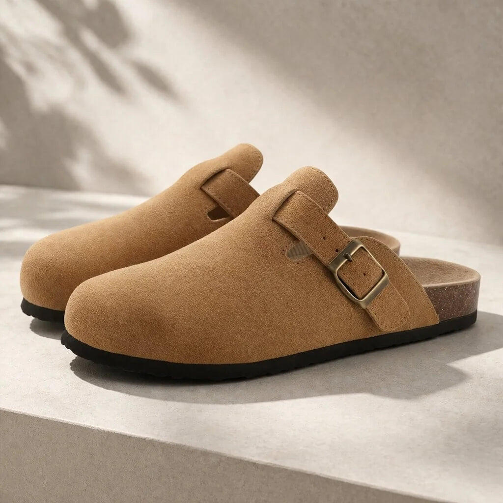 Beige Unisex Suede Clogs — Logan Buckle Slip-On Cork Footbed - Front Angle Pair