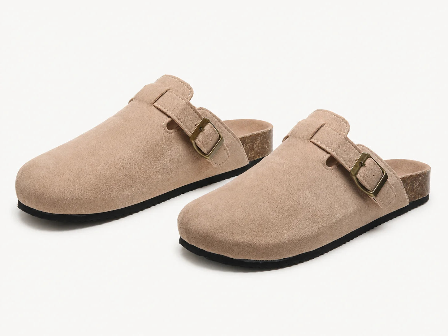 Beige Unisex Suede Clogs — Logan Buckle Slip-On Cork Footbed - Studio White