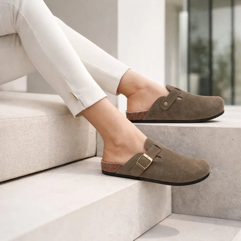 Bruin Unisex Suede Clogs — Logan Buckle Slip-On Cork Footbed - Worn Lifestyle Women