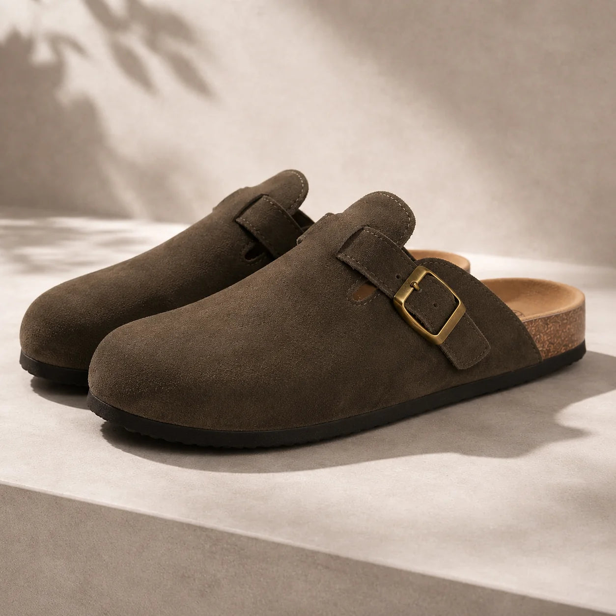 Groen Unisex Suede Clogs — Logan Buckle Slip-On Cork Footbed - Close Up Buckle