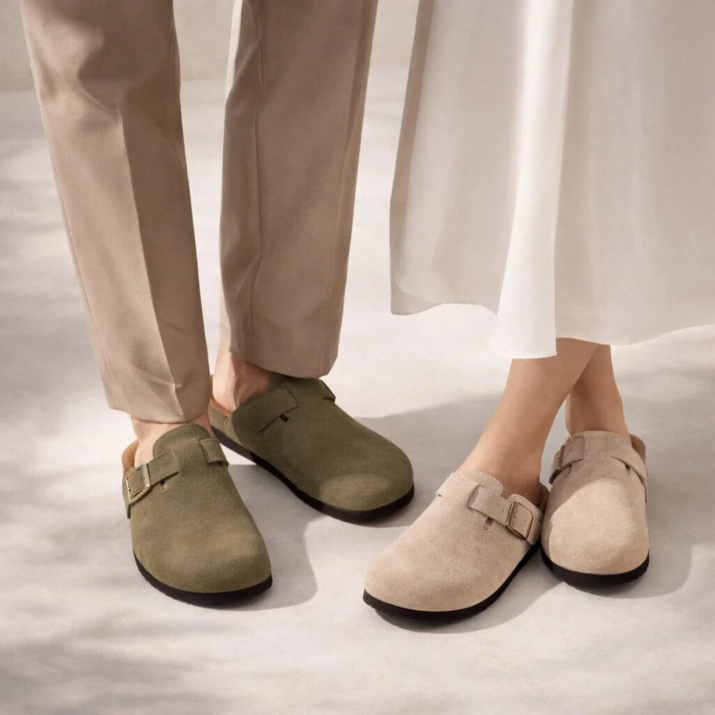 Groen Unisex Suede Clogs — Logan Buckle Slip-On Cork Footbed - Worn Lifestyle Couple