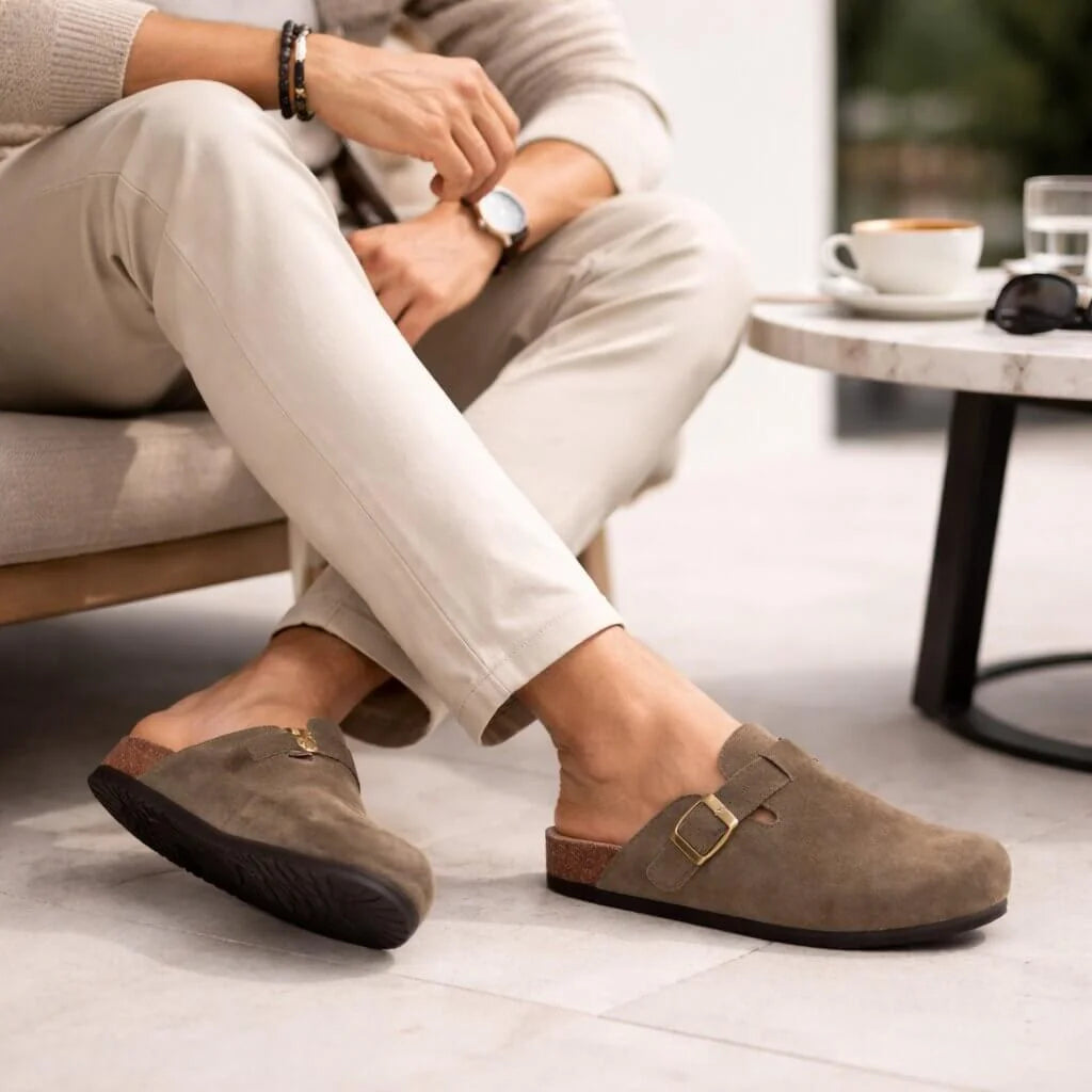 Groen Unisex Suede Clogs — Logan Buckle Slip-On Cork Footbed - Worn Lifestyle Men