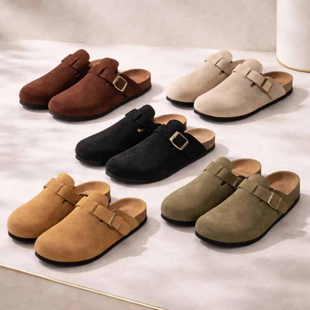 Rood Unisex Suede Clogs — Logan Buckle Slip-On Cork Footbed - Flat Lay Colorways