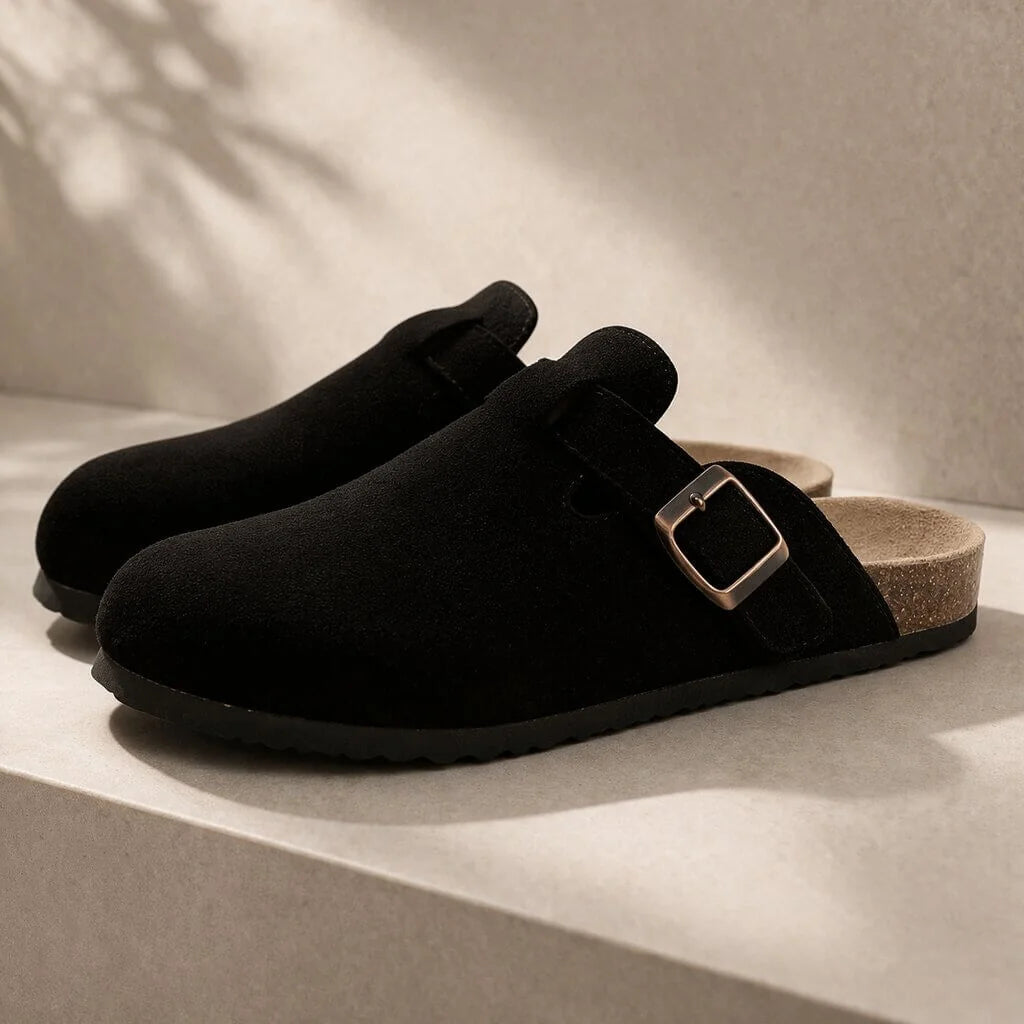 Zwart Unisex Suede Clogs — Logan Buckle Slip-On Cork Footbed - Front Angle Pair