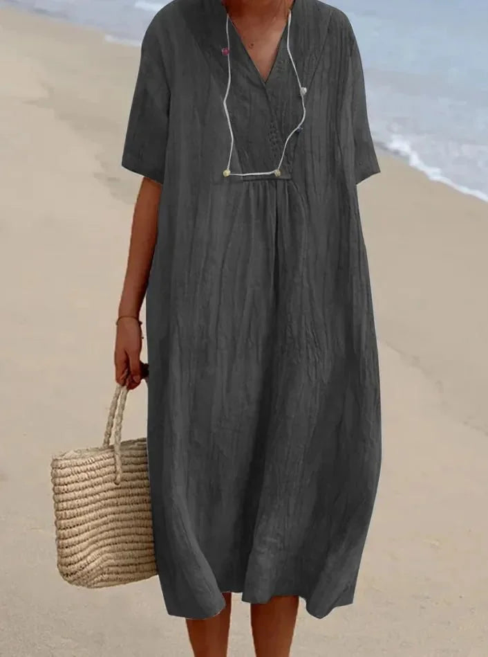 Dark Gray Women's V-Neck A-Line Beach Dress — Brittany Crinkle Cotton Midi - Front Casual