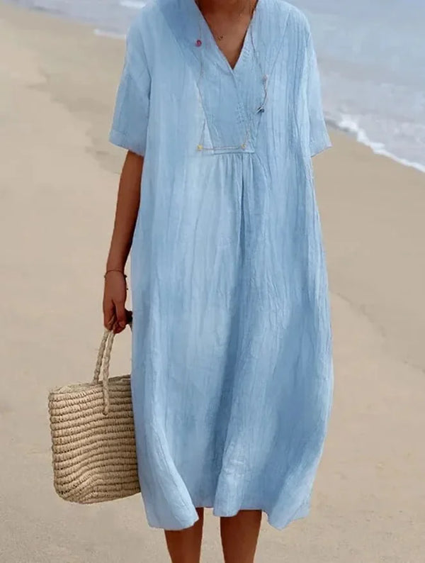 Light Blue Women's V-Neck A-Line Beach Dress — Brittany Crinkle Cotton Midi - Front Full