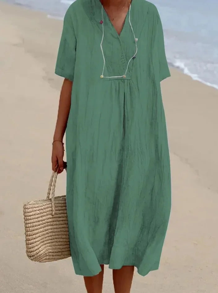 Sage Women's V-Neck A-Line Beach Dress — Brittany Crinkle Cotton Midi - Front Lifestyle