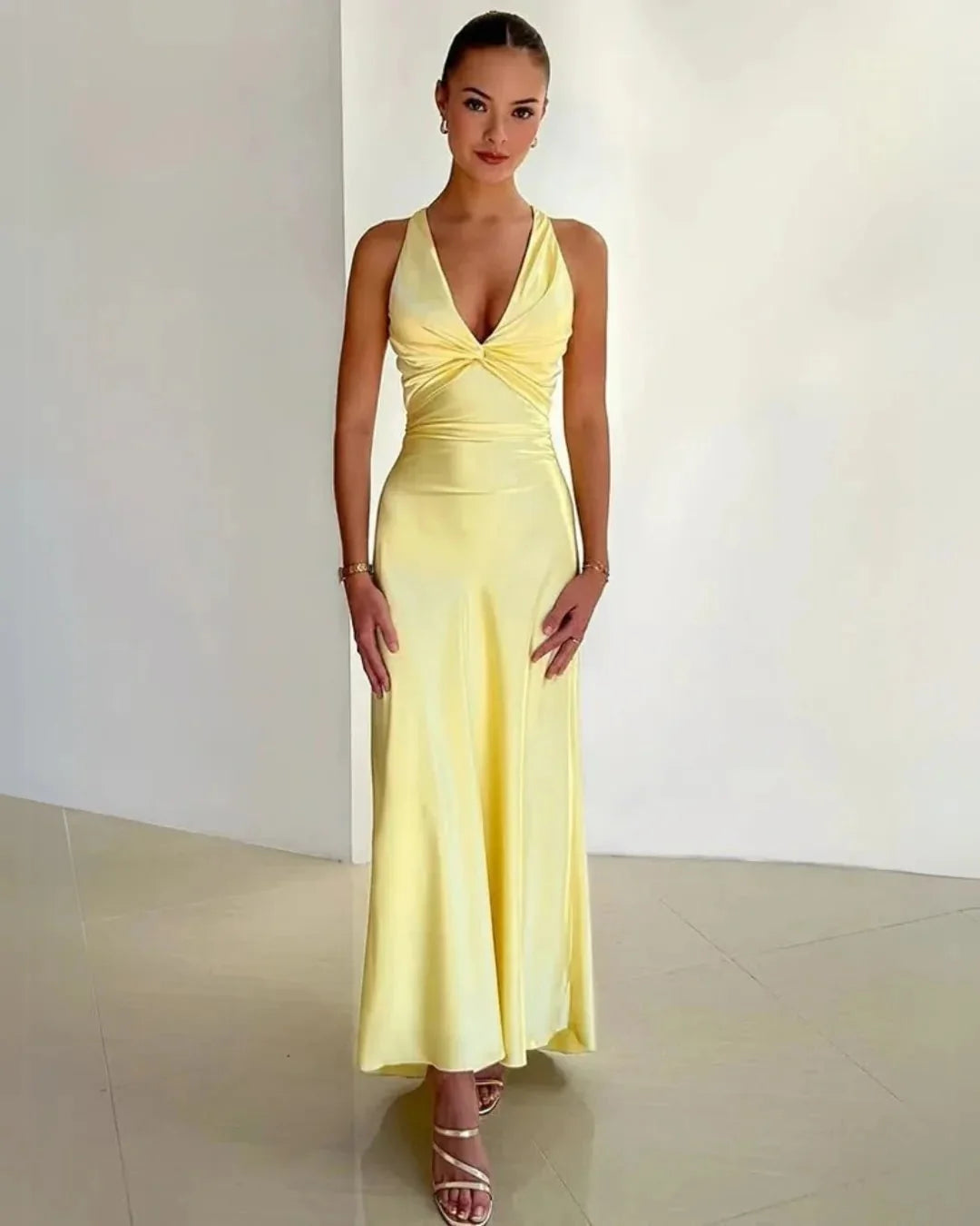 Yellow Women's Yellow V-Neck Backless Maxi Gown — Kiera Satin Tie Detail - Front Full