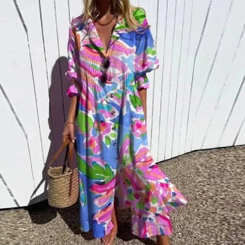 Scarlett | Elegant V - Neck Beach Dress With Long Sleeves - Blue - 3
