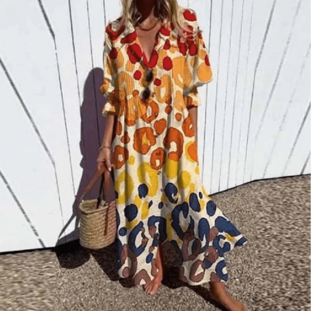 Scarlett | Elegant V - Neck Beach Dress With Long Sleeves - Orange - 2