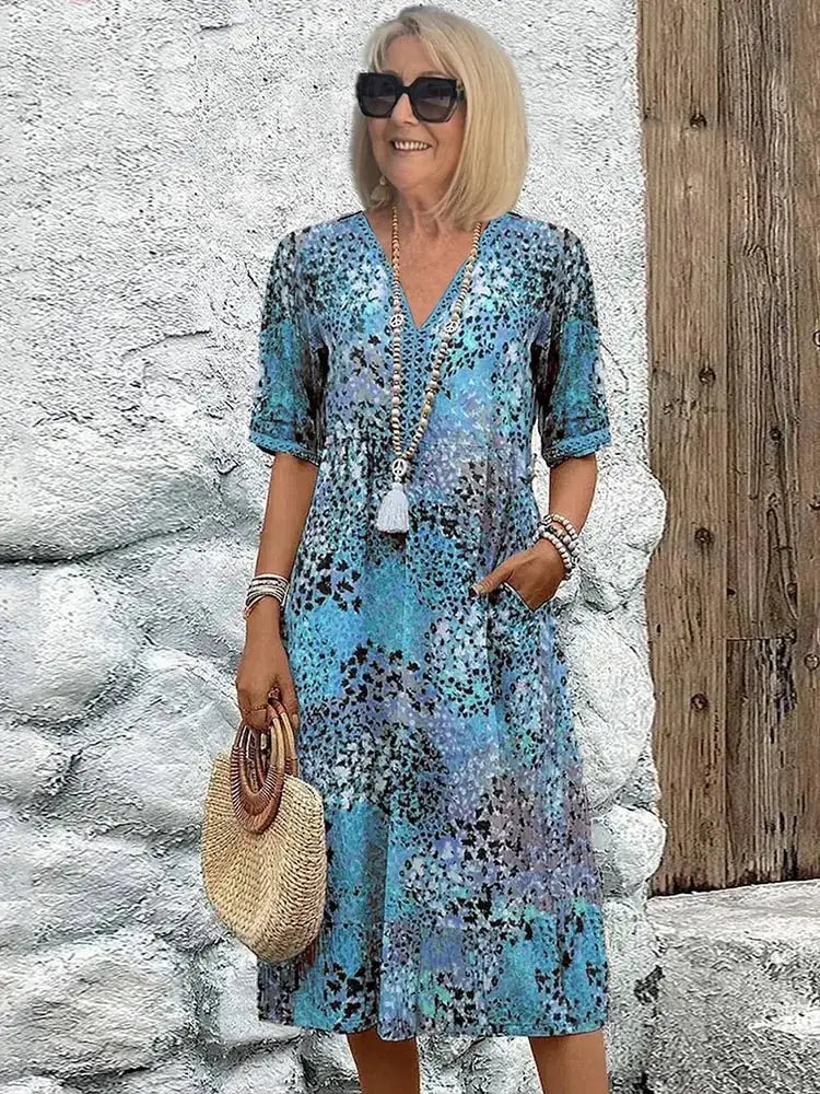 Blue Women's Floral V-Neck Beach Dress — Kennedy Half Sleeve Bohemian - Studio Full