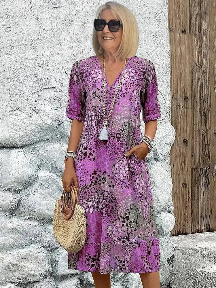 Purple Women's Floral V-Neck Beach Dress — Kennedy Half Sleeve Bohemian - Casual Stance