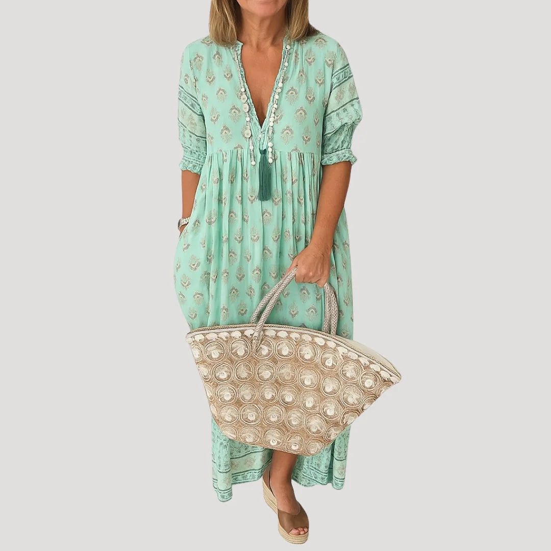 Nina | Stylish V - Neck Beach Dress With Tassel Ties - Mint - 5