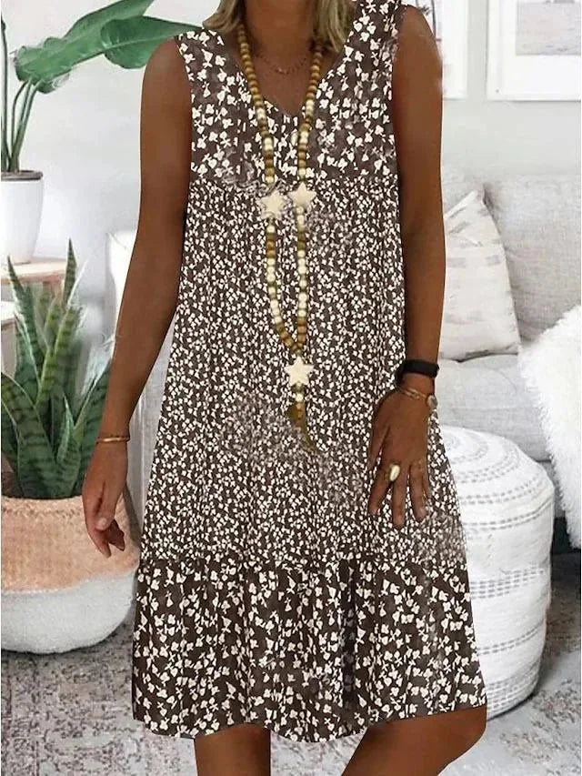 Brown Women's V-Neck Floral Beach Dress — Poppy Sleeveless Tiered Midi - Front Pose
