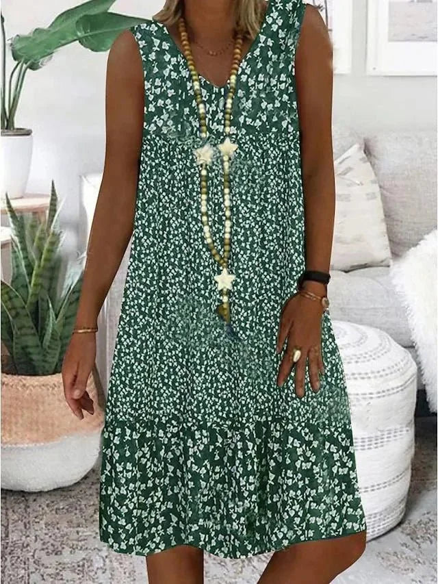 Green Women's V-Neck Floral Beach Dress — Poppy Sleeveless Tiered Midi - Front Full