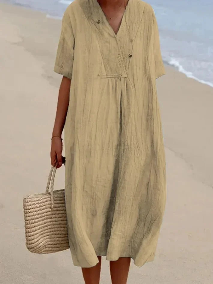 Beige Women's V-Neck Beach Dress with Short Sleeves — Florence Tunic Flowing - Studio White