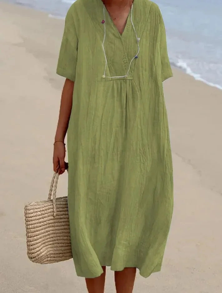 Light Green Women's V-Neck Beach Dress with Short Sleeves — Florence Tunic Flowing - Front Pose