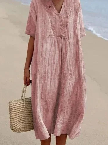 Pink Women's V-Neck Beach Dress with Short Sleeves — Florence Tunic Flowing - Beach Lifestyle